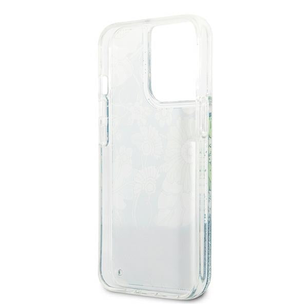 Guess dėklas iPhone 13/13 Pro – žalias, Flower Liquid Glitter
