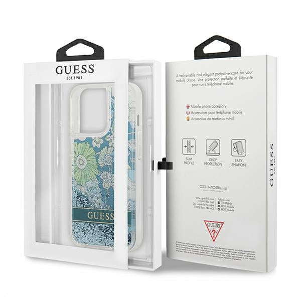 Guess dėklas iPhone 13/13 Pro – žalias, Flower Liquid Glitter