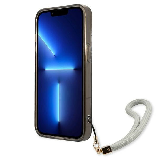 Guess skaidrus dėklas iPhone 13 mini – juodas su dirželiu