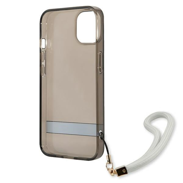 Guess skaidrus dėklas iPhone 13 mini – juodas su dirželiu