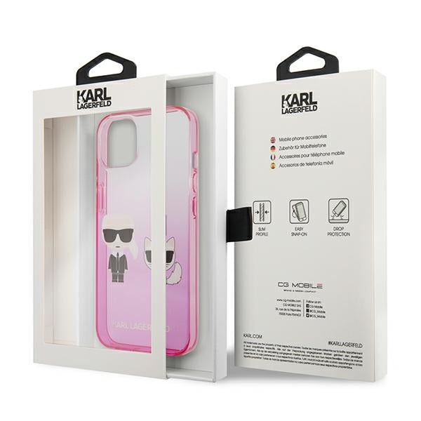 Karl Lagerfeld Gradient Ikonik Karl&Choupette dėklas iPhone 13 mini - rožinis