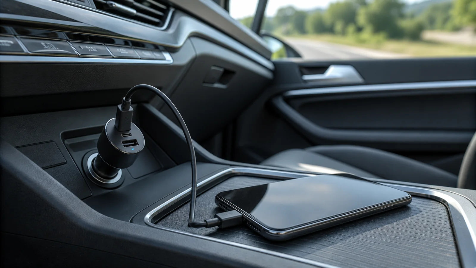 Automobilinis USB-C įkroviklis ir telefonas automobilio salone