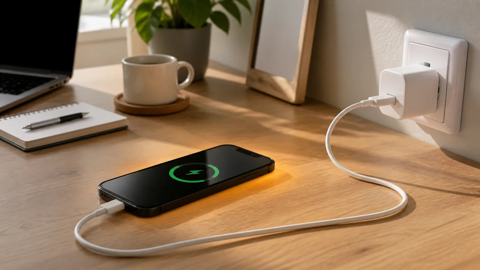 Telefonas saugiai kraunamas ant atviro stalo su USB-C laidu