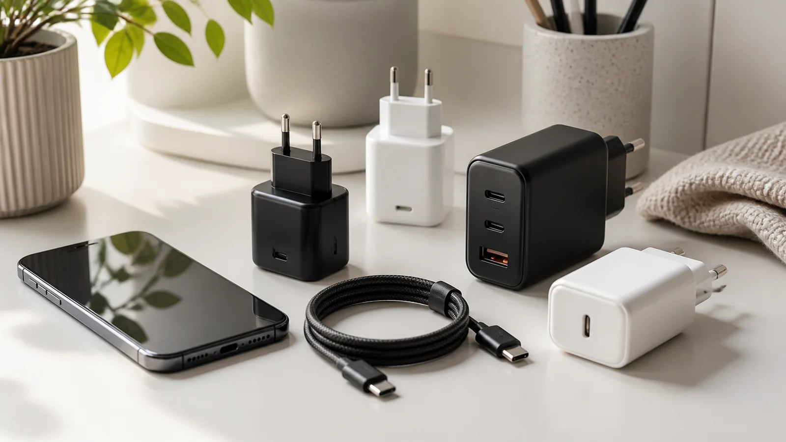 USB-C įkrovikliai ir telefonas ant šviesaus stalo